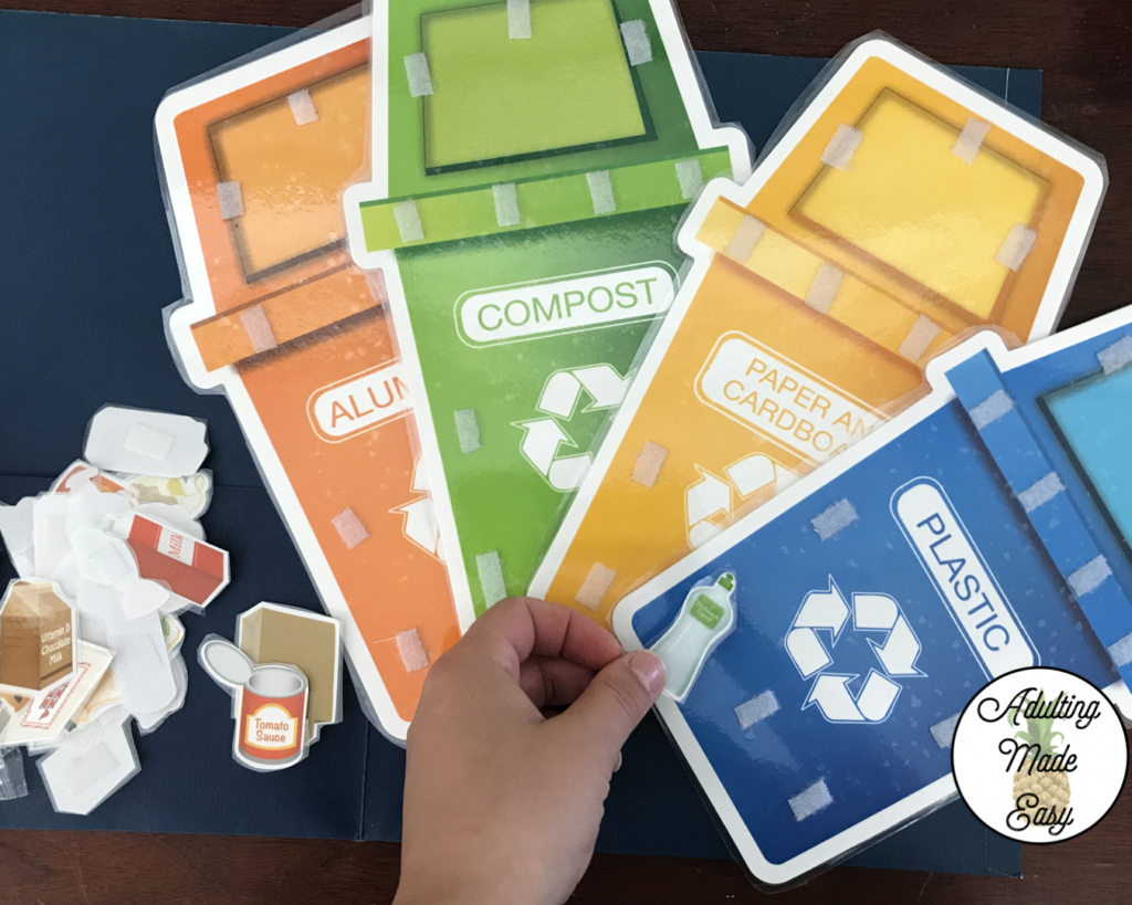 Dollar Tree Recycle Sorting Activity Kit turned into file folder.