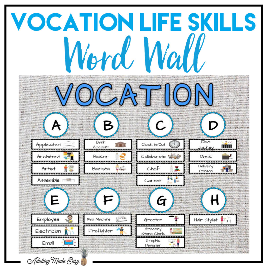Vocation Life Skills Word Wall with 96 vocabulary words with visuals! Age appropriate for older students focused on careers, occupations, and job skill vocabulary.