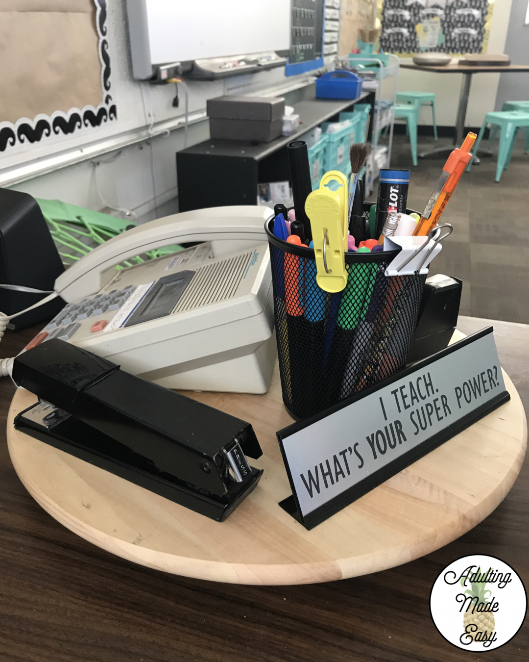 Lazy Susan teacher's desk organization hack!