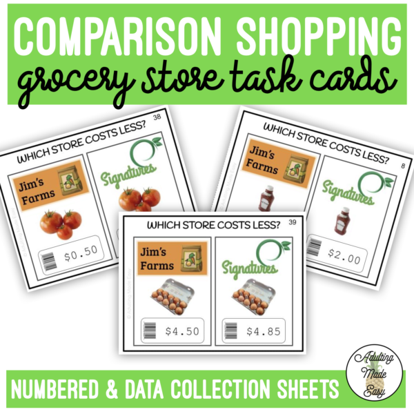 Comparison Shopping (up to $10) Task Cards & Worksheet
