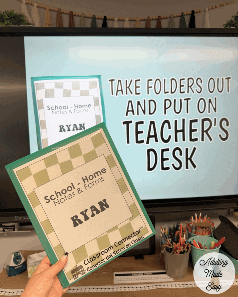 A reminder on a digital smart board that says "Take folders out and put on teacher's desk" along with the example of the folder.