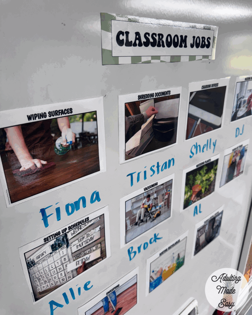 Classroom job visuals on a whiteboard with assignment names written under each job.