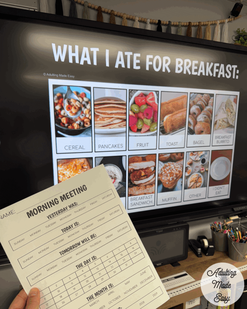 A digital smart board displaying visuals choices that say "what I ate for breakfast" with a coordinating morning meeting worksheet.