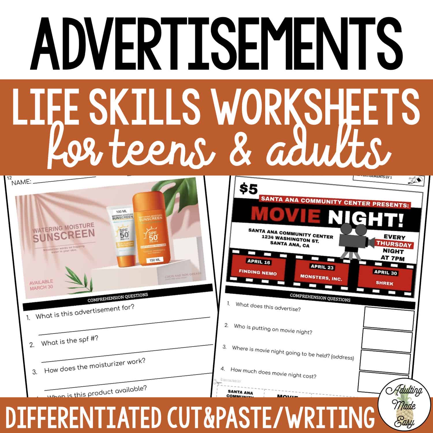 Reading Advertisements Worksheets