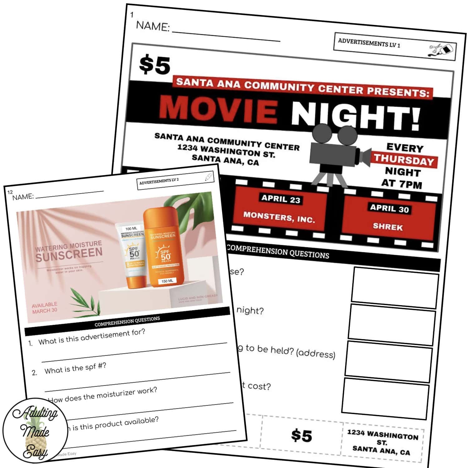 Reading Advertisements Worksheets