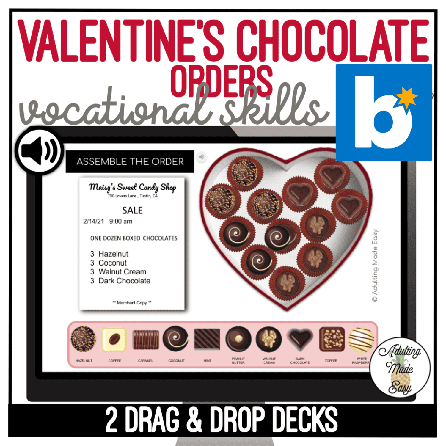Valentine's Chocolate Box Orders Drag & Drop Boom Cards