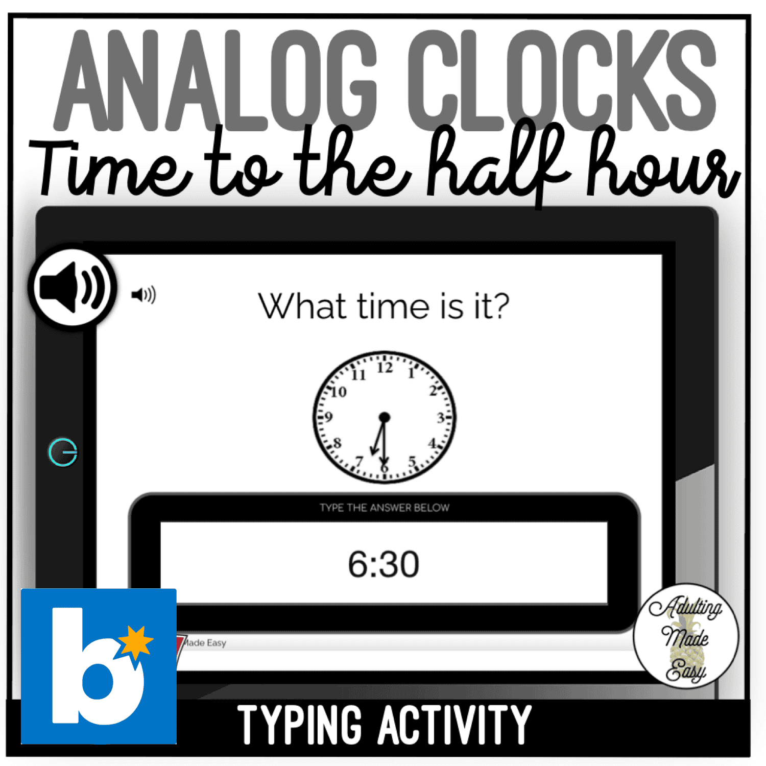 Analog Clocks - Time to the half hour - half past - Typing Boom Cards