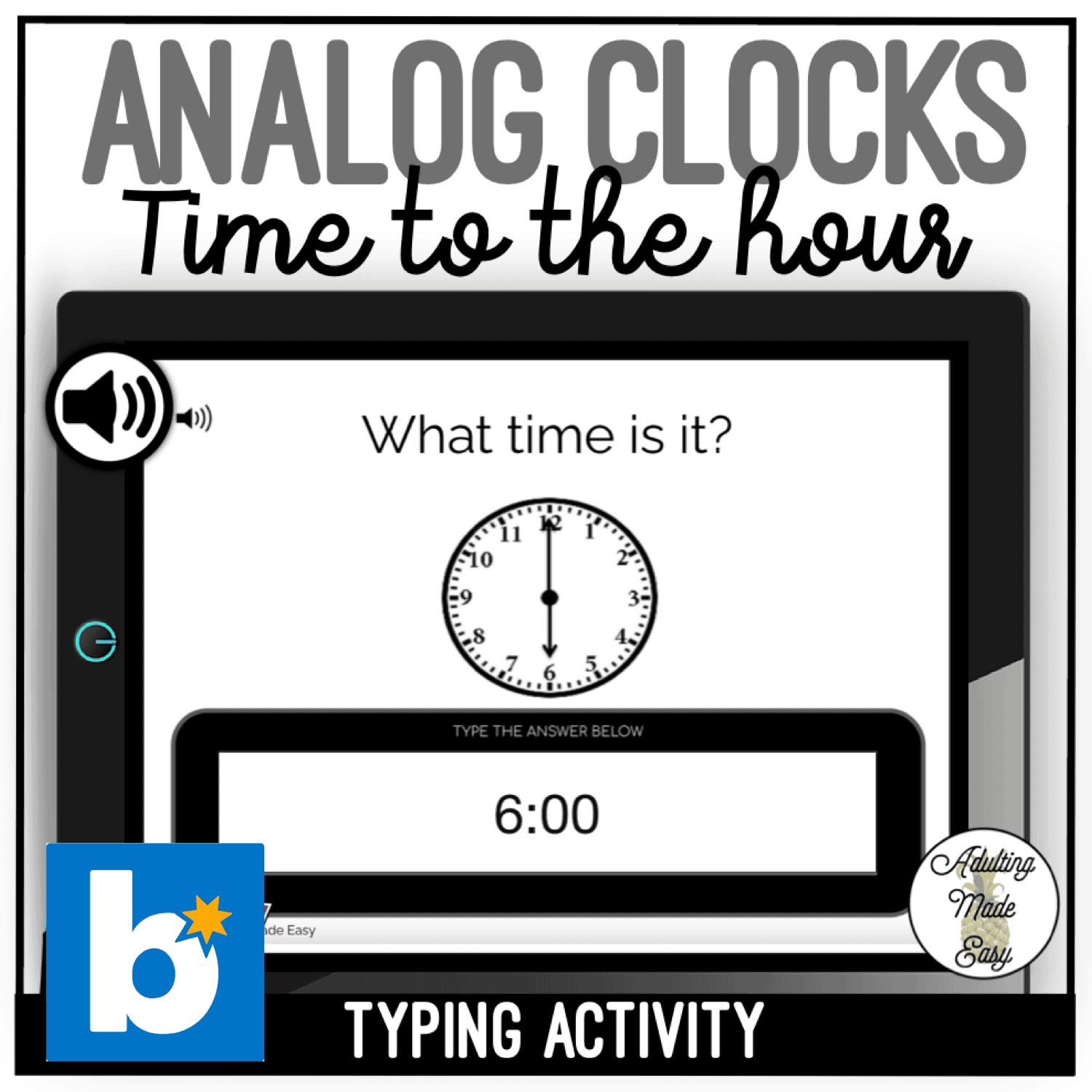 Analog Clocks - Time to the Hour - O'clock - Typing Boom Cards