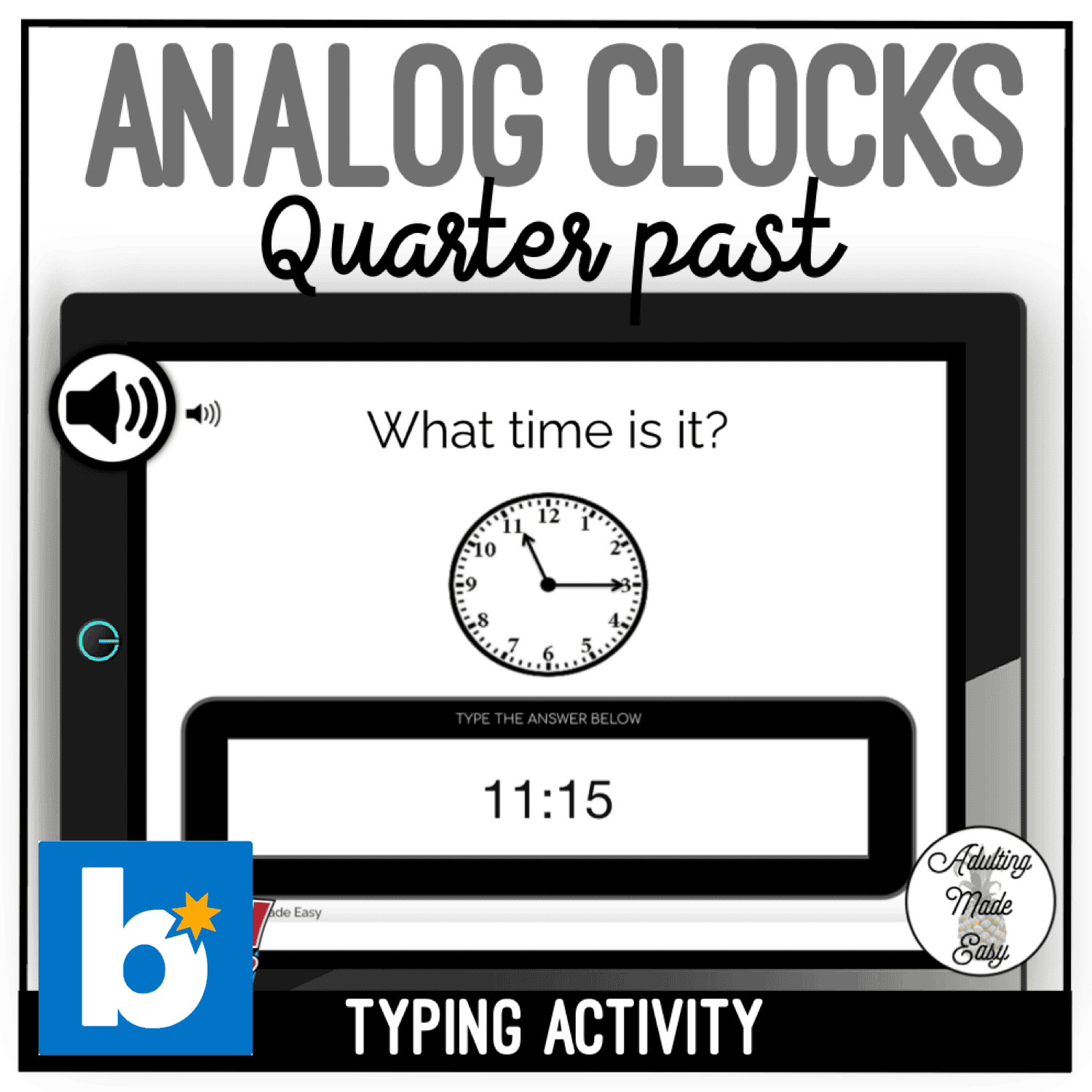 Analog Clocks - Quarter past - Typing Boom Cards