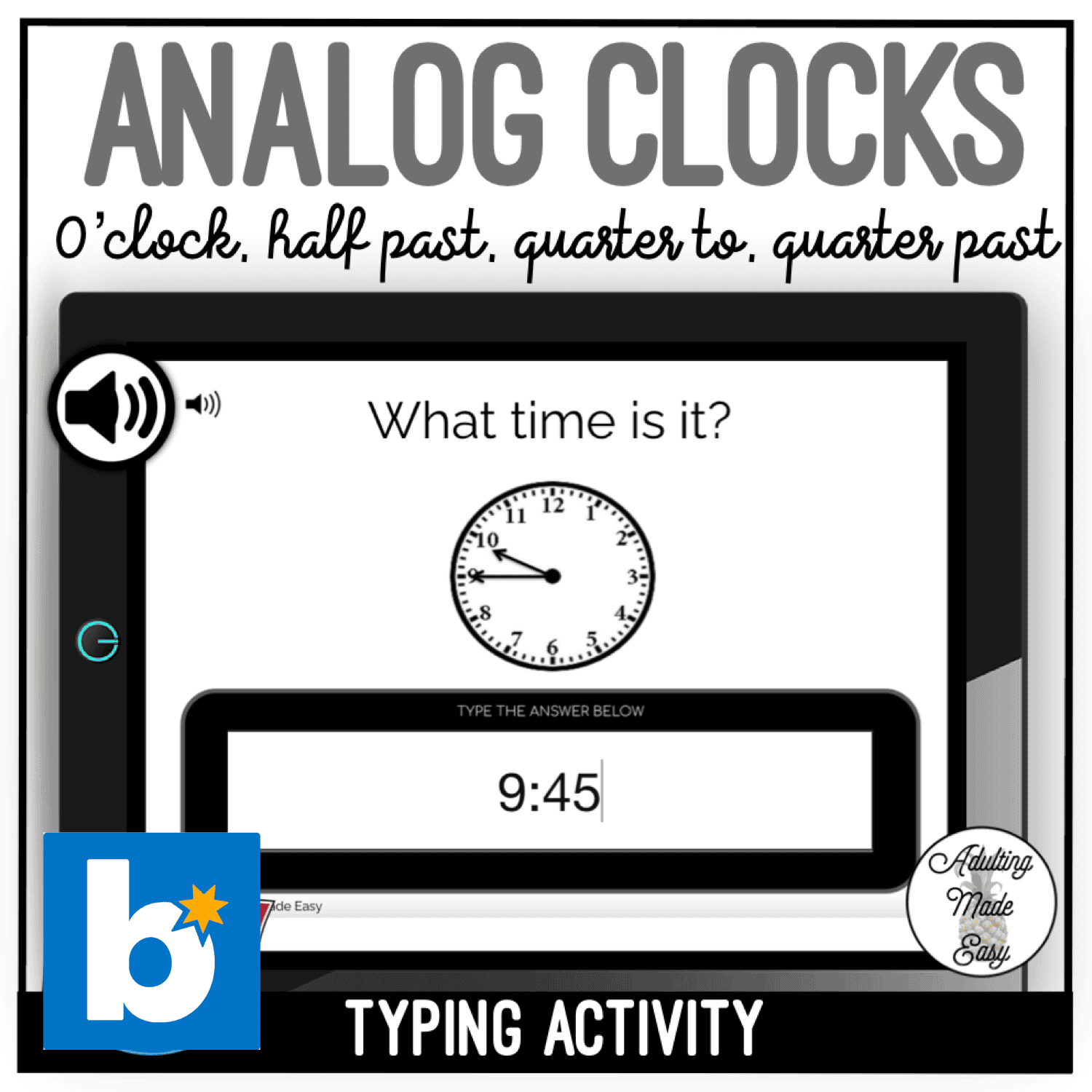 Analog Clocks - O'clock, half past, quarter to, quarter past - Typing Boom Cards