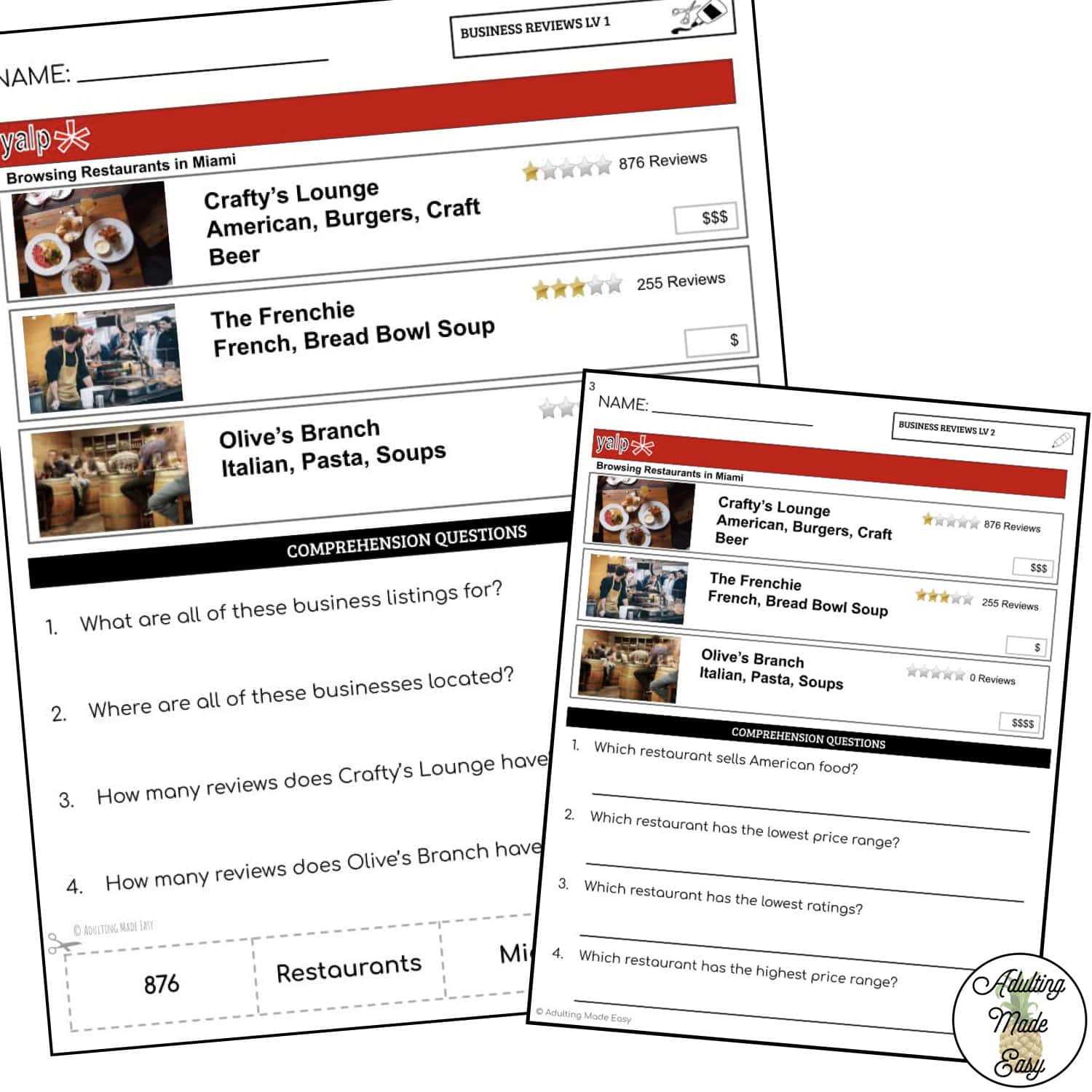 Reading Business Reviews Worksheets