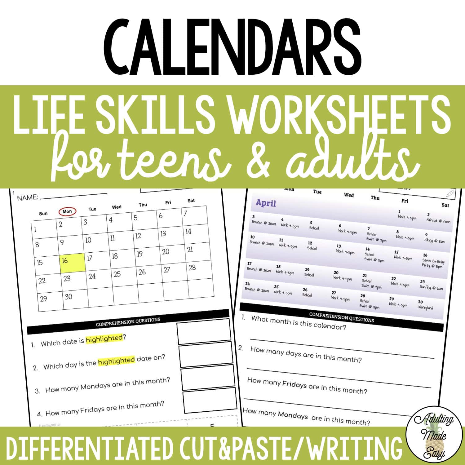 Reading Calendars Worksheets