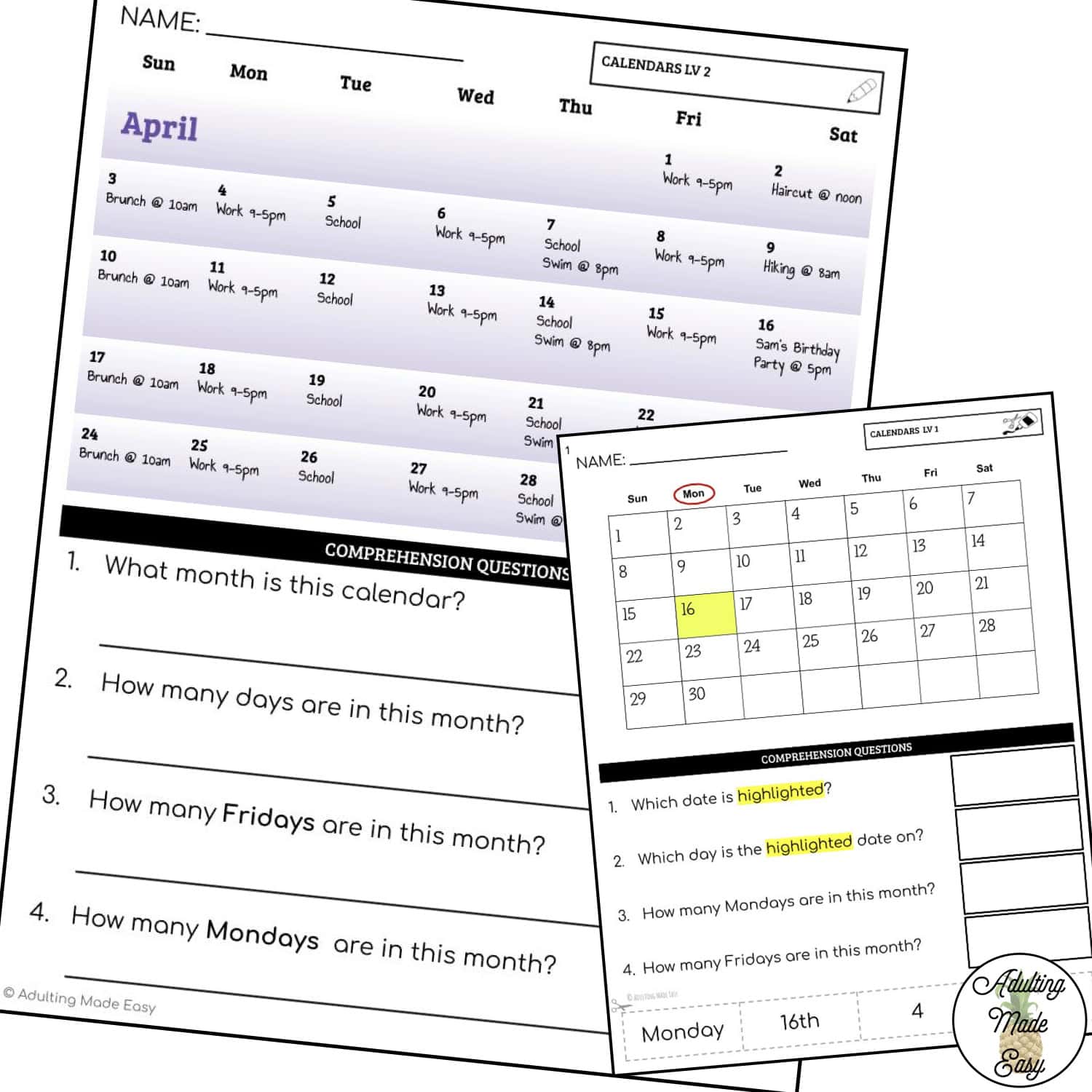 Reading Calendars Worksheets