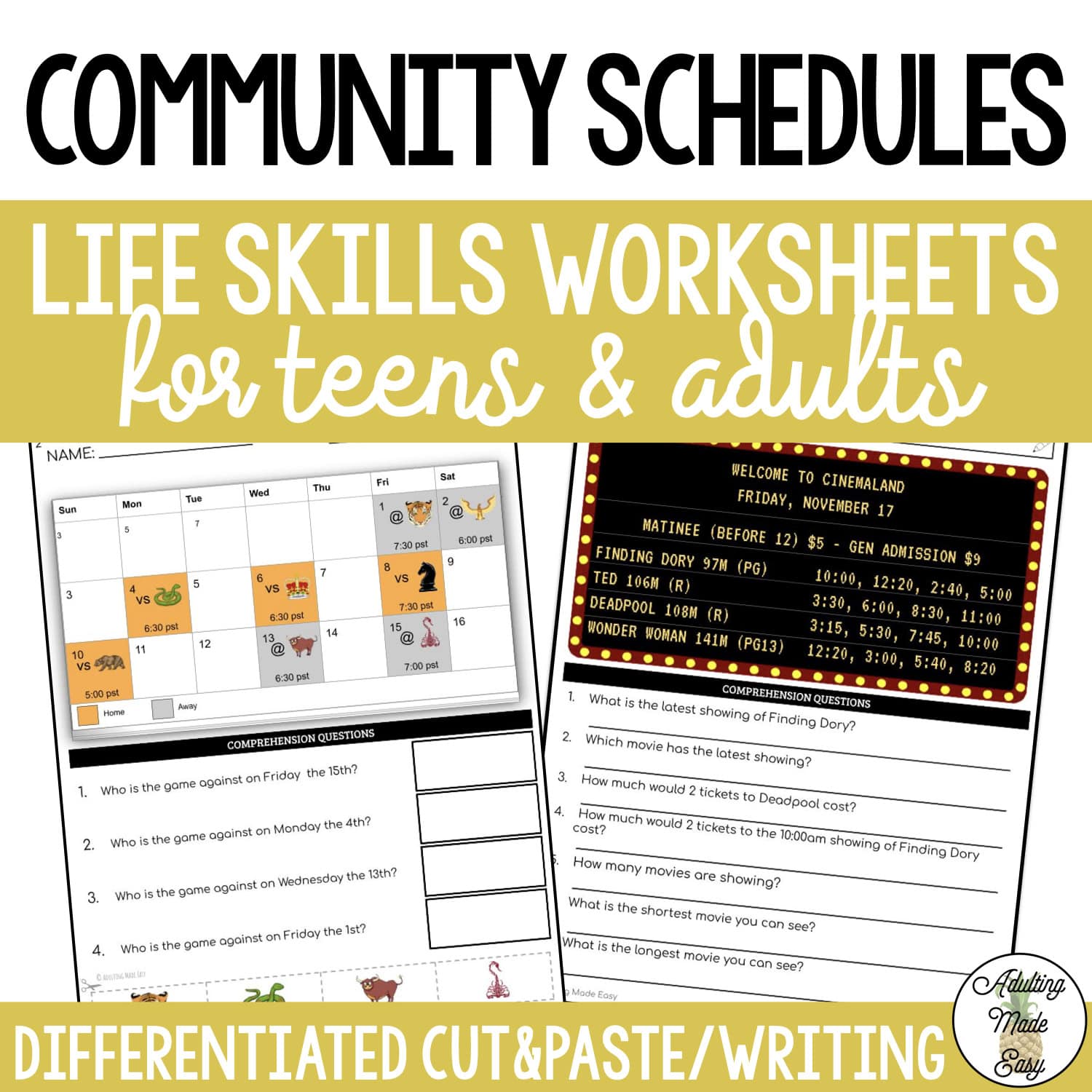 Reading Community Schedules Worksheets