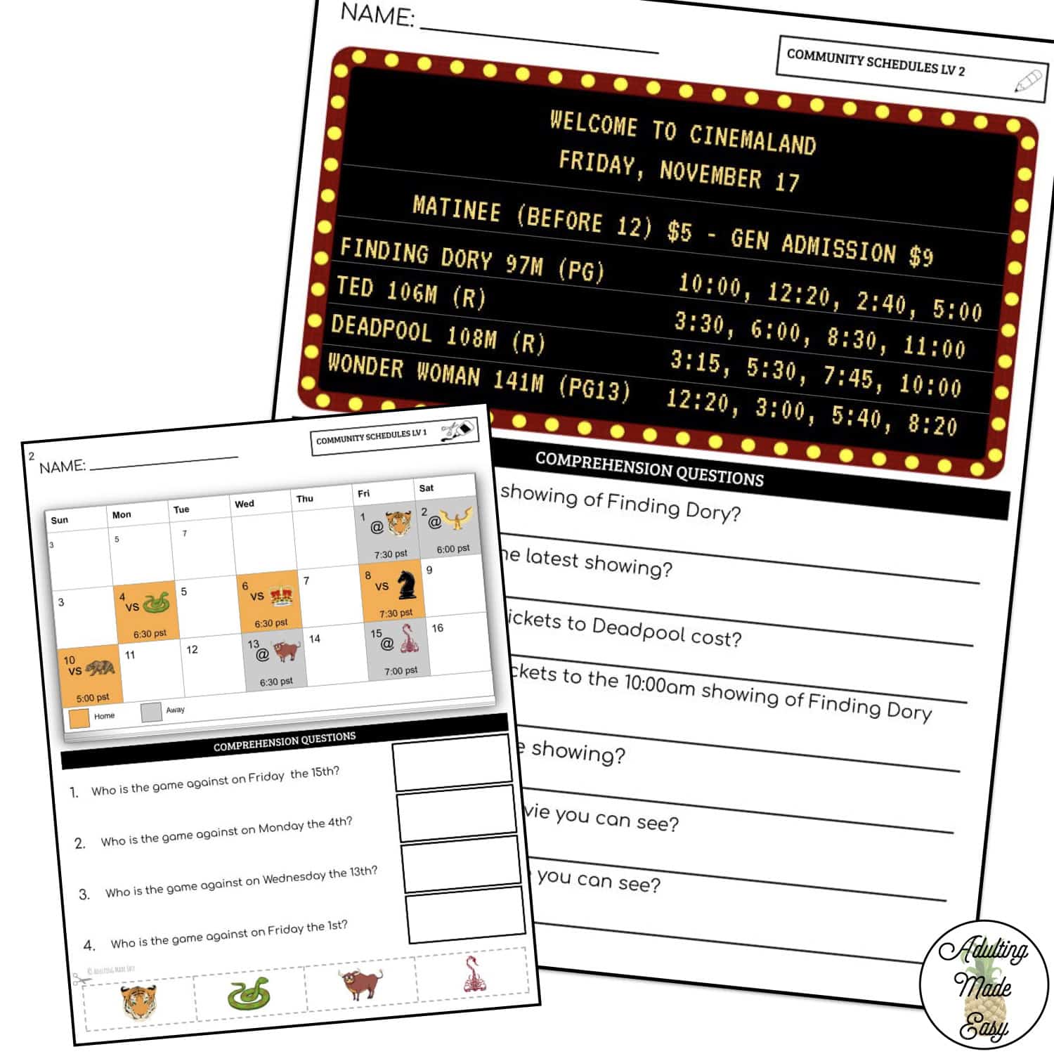 Reading Community Schedules Worksheets