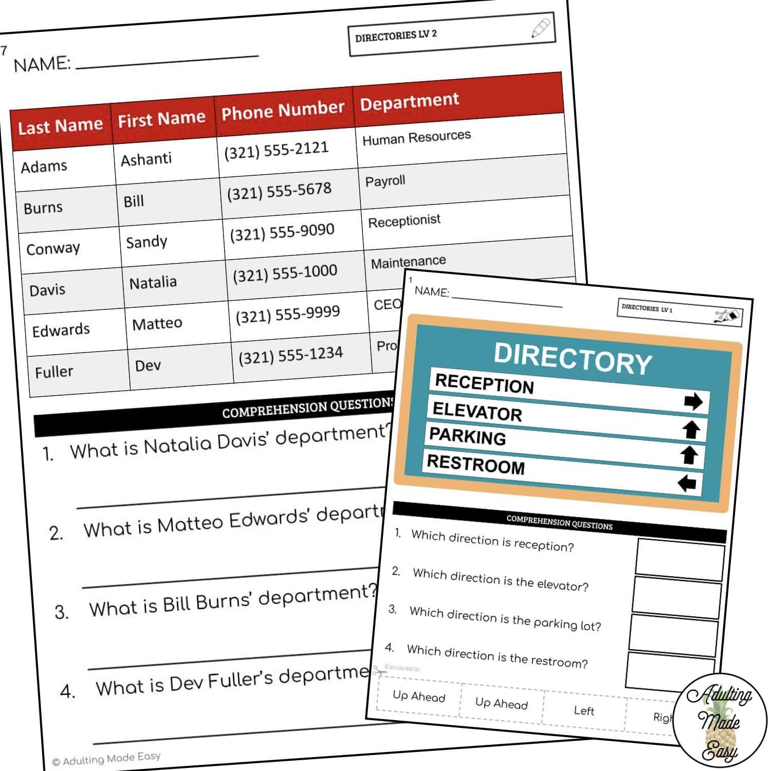 Reading Directories Worksheets