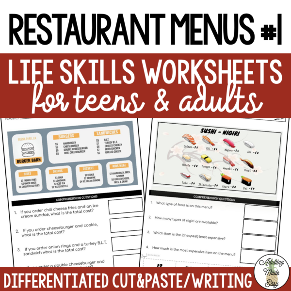 Reading Restaurant Menus #1 Worksheets