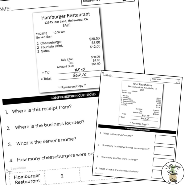 Reading Restaurant Receipts Worksheets - Image 2