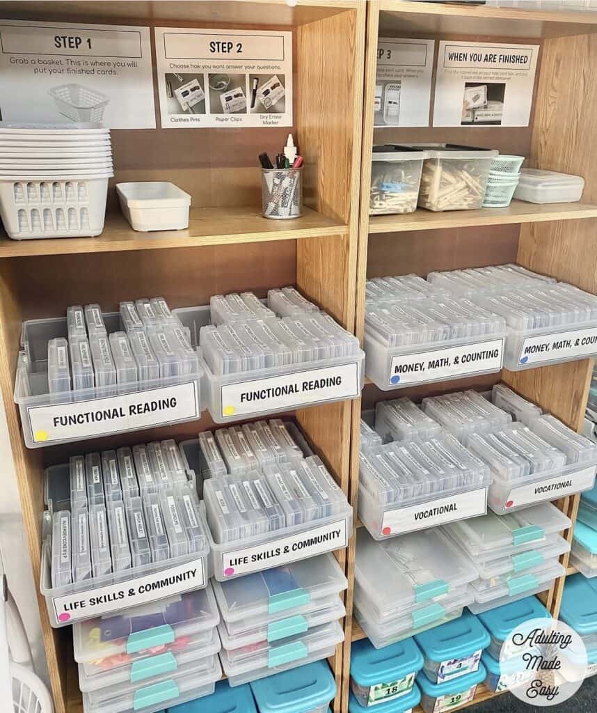 A shelf filled with instructions for independent work and task boxes in various life skills subjects.