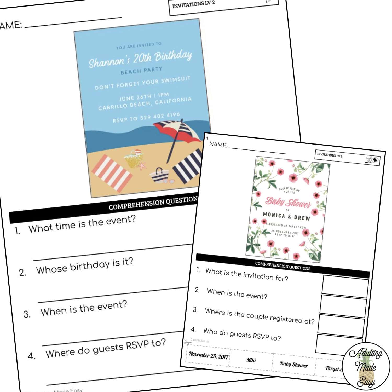 Reading Invitations Worksheets