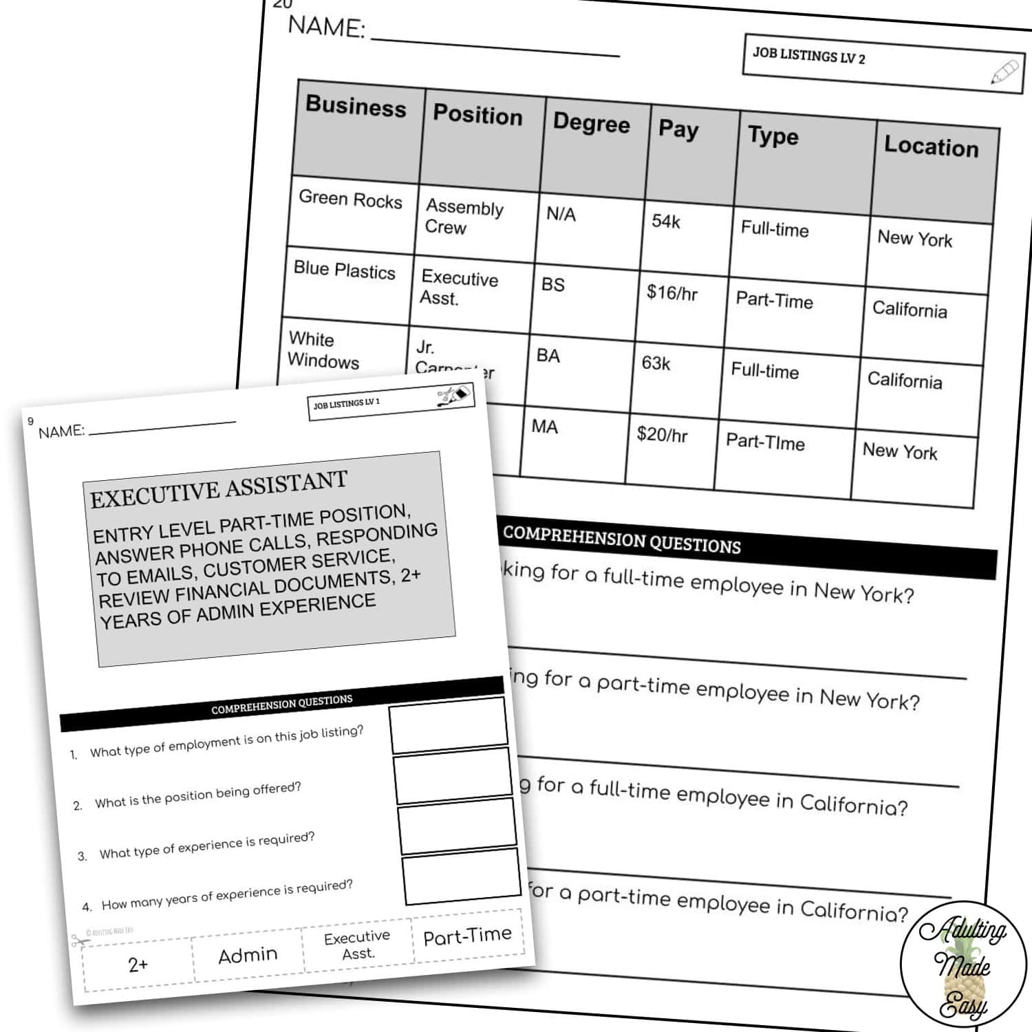 Reading Job Listings Worksheets