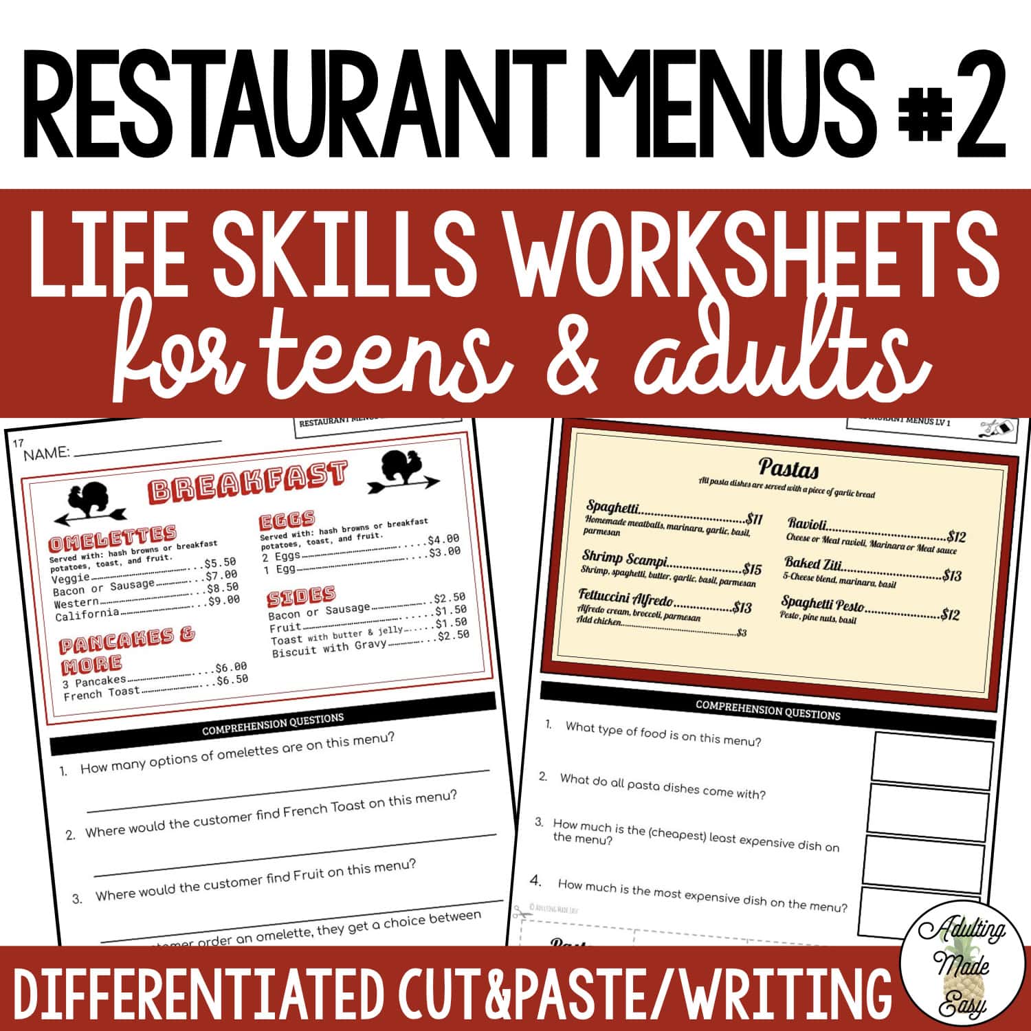 Reading Restaurant Menus #2 Worksheets