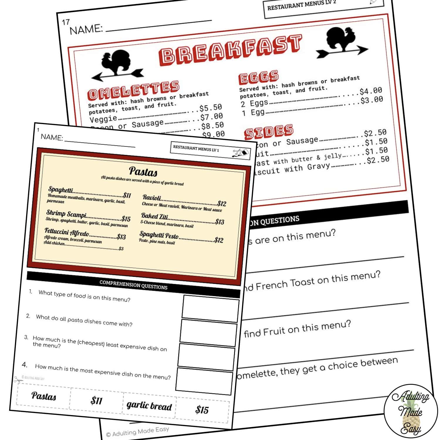 Reading Restaurant Menus #2 Worksheets