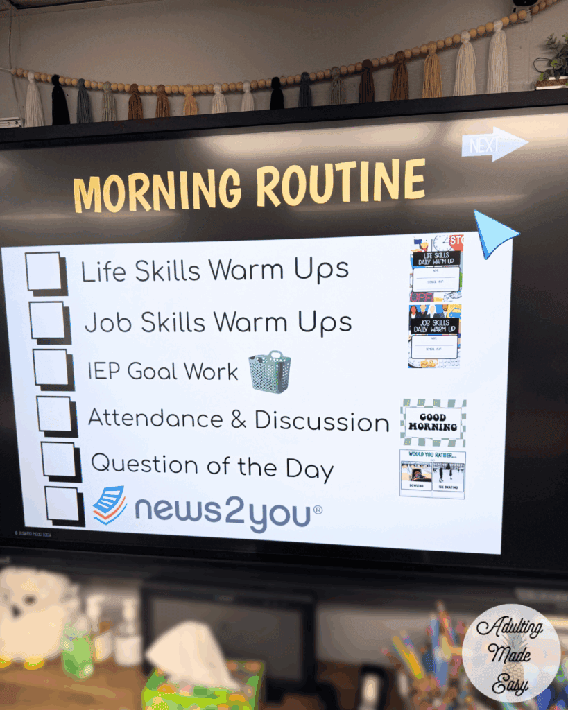 A smart board screen displaying a morning routine checklist.