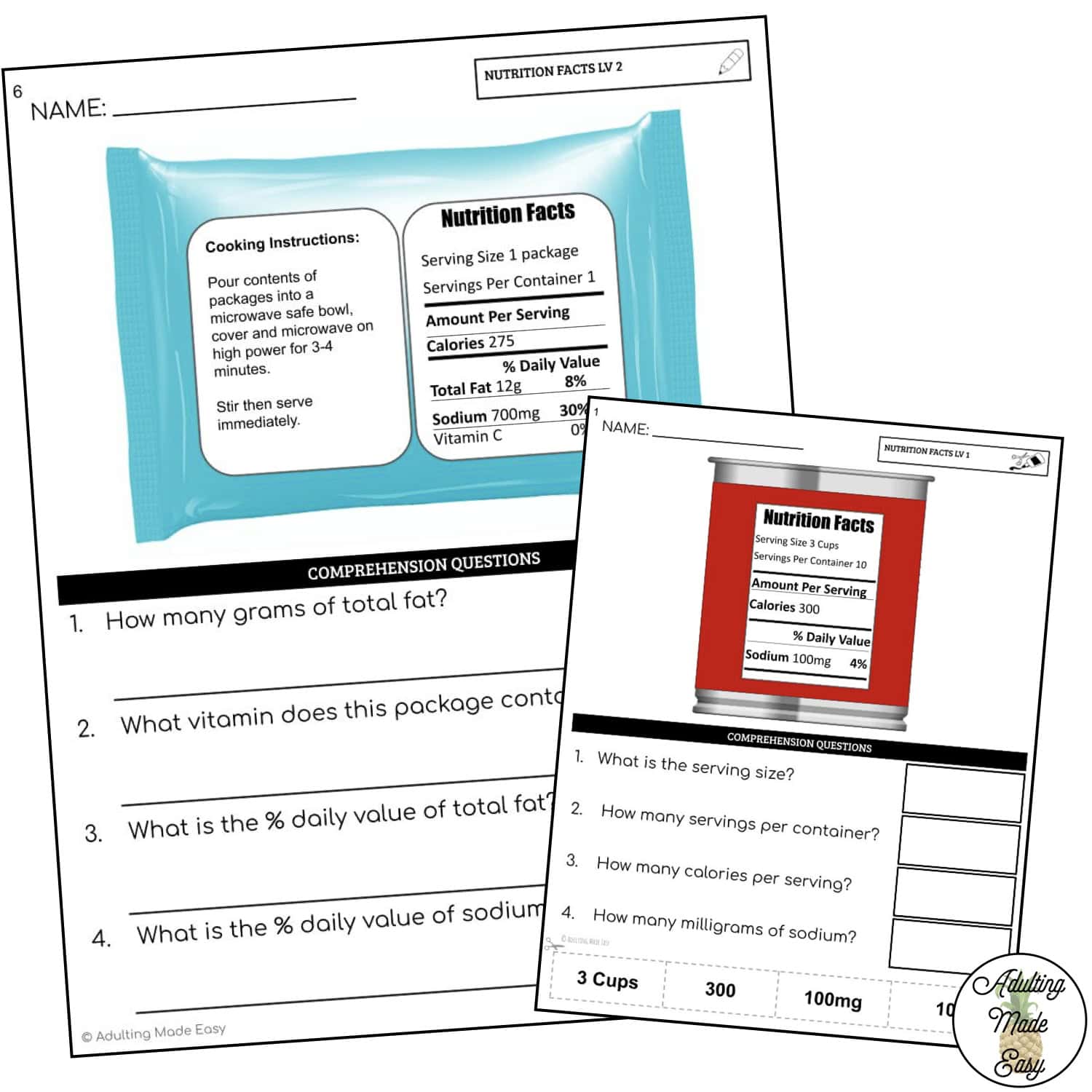 Reading Nutrition Labels Worksheets