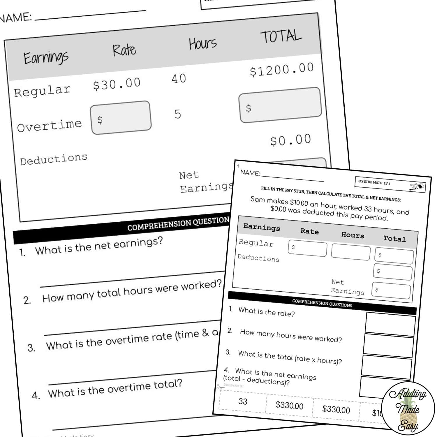 Reading Pay Stubs (Math) Worksheets