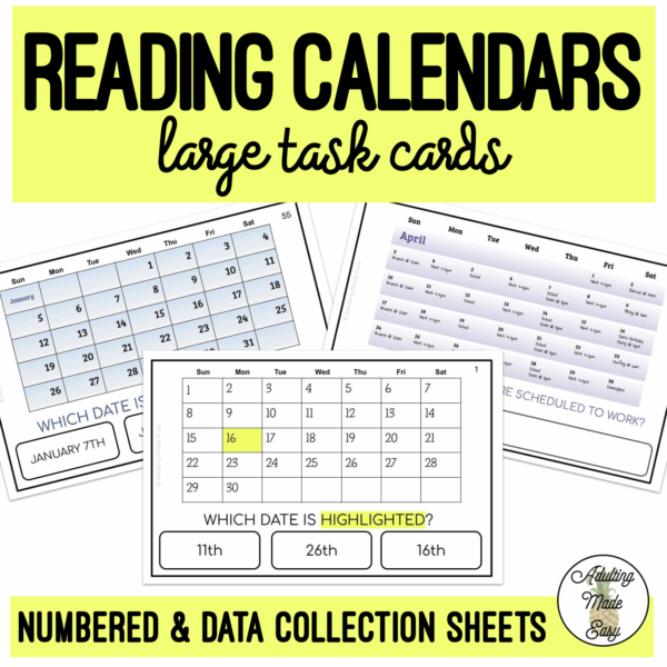 Reading Calendars Large Task Cards
