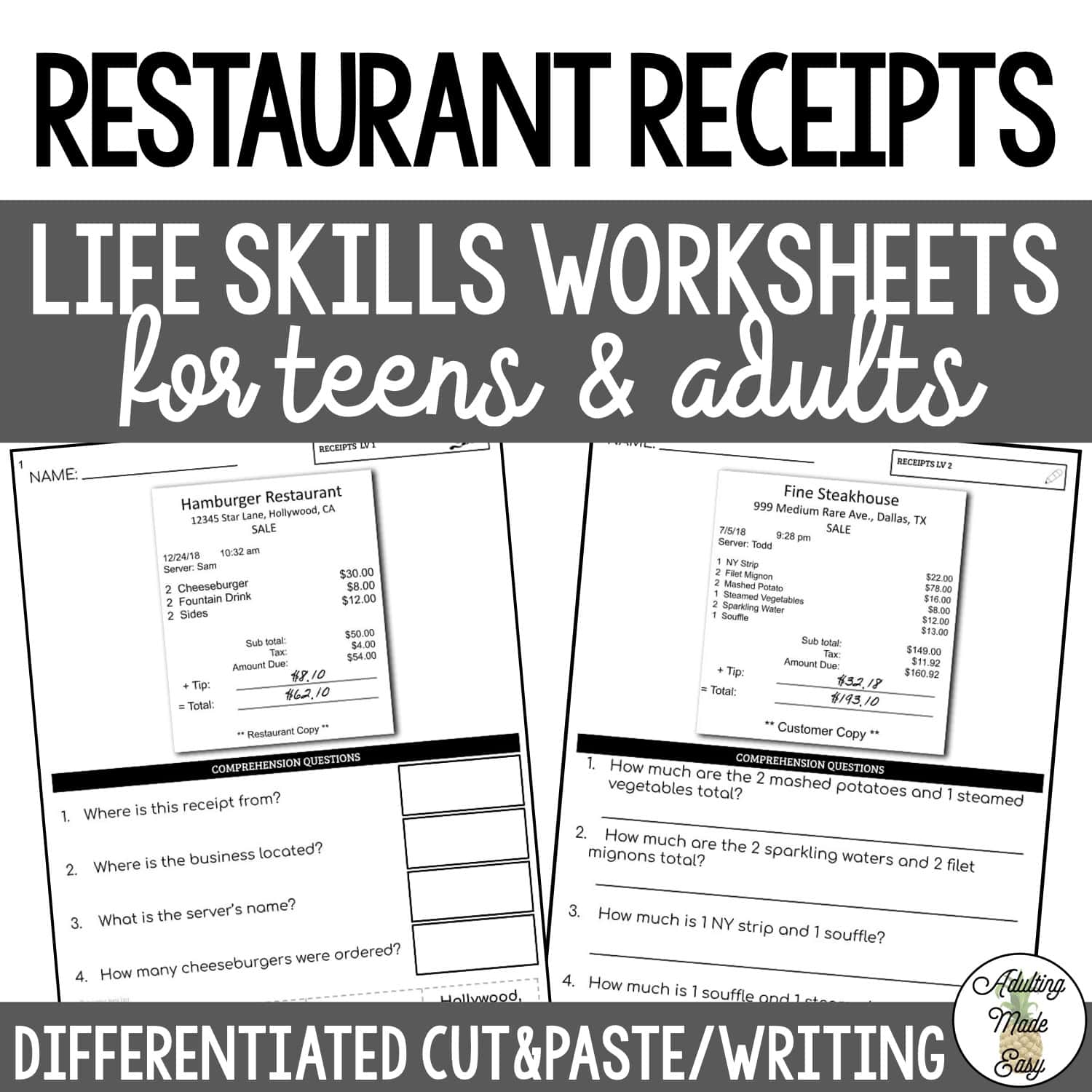 Reading Restaurant Receipts Worksheets