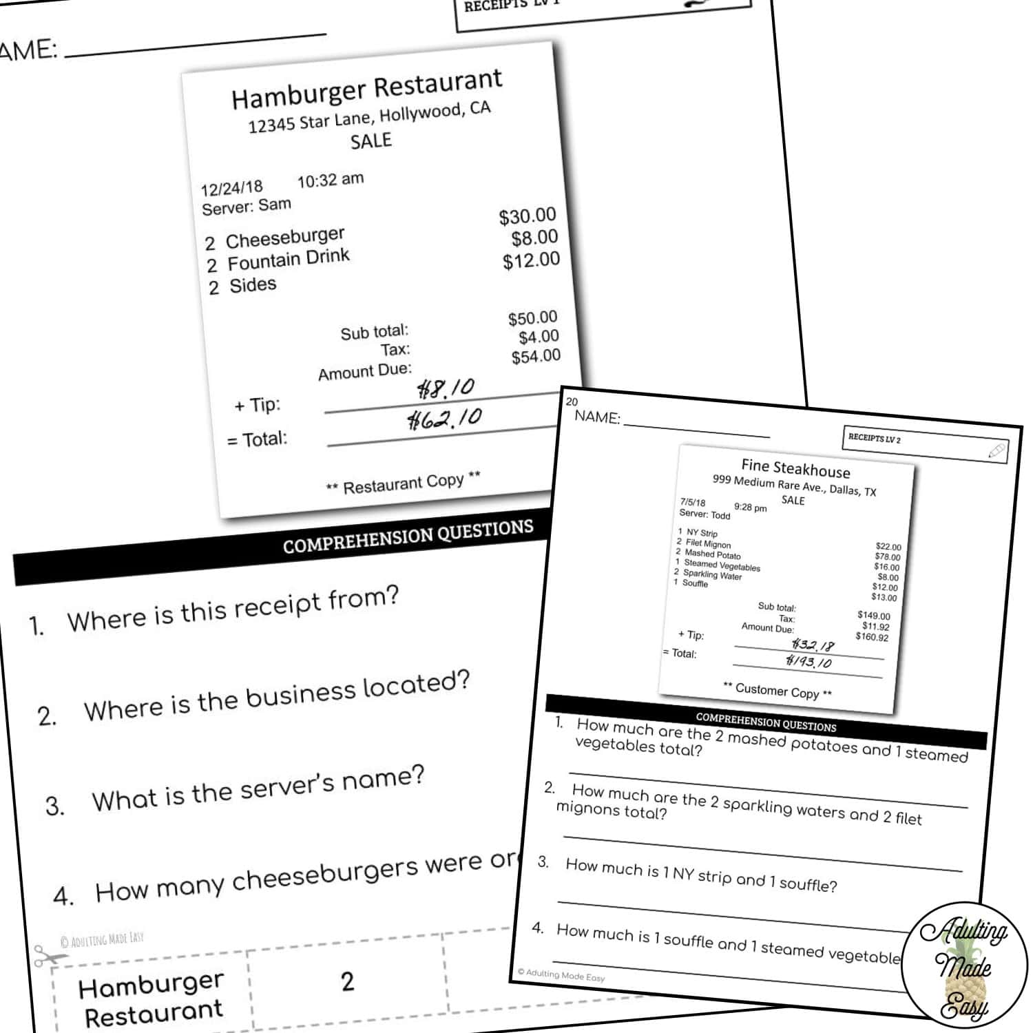 Reading Restaurant Receipts Worksheets