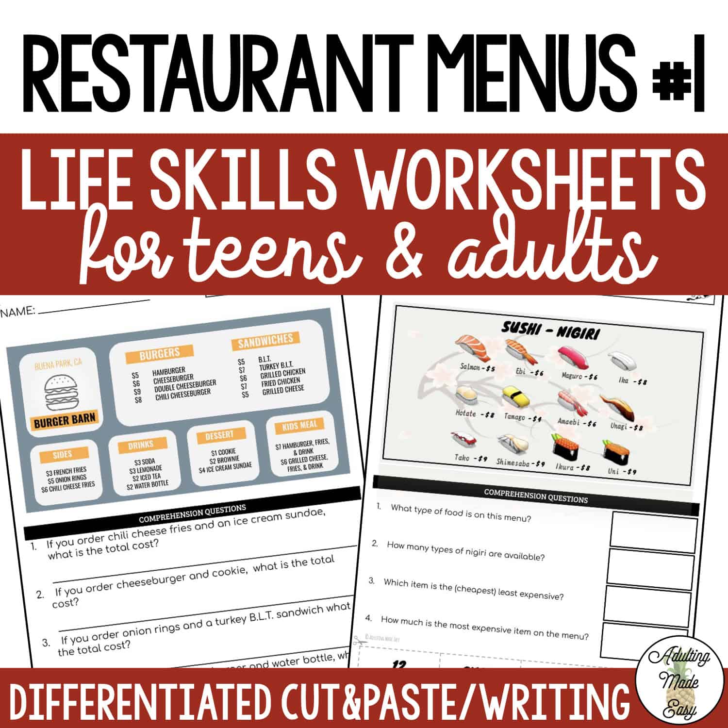 Reading Restaurant Menus #1 Worksheets
