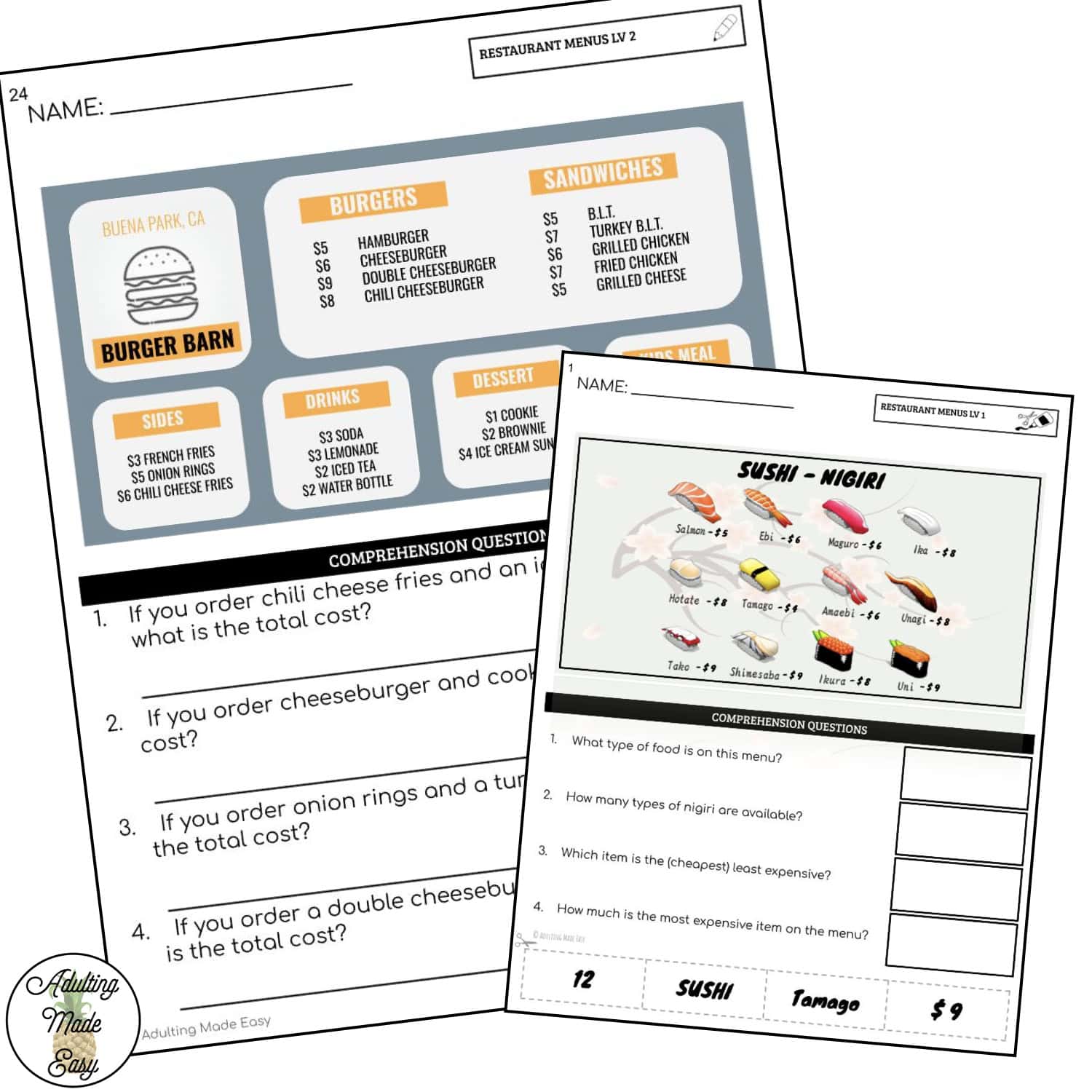 Reading Restaurant Menus #1 Worksheets