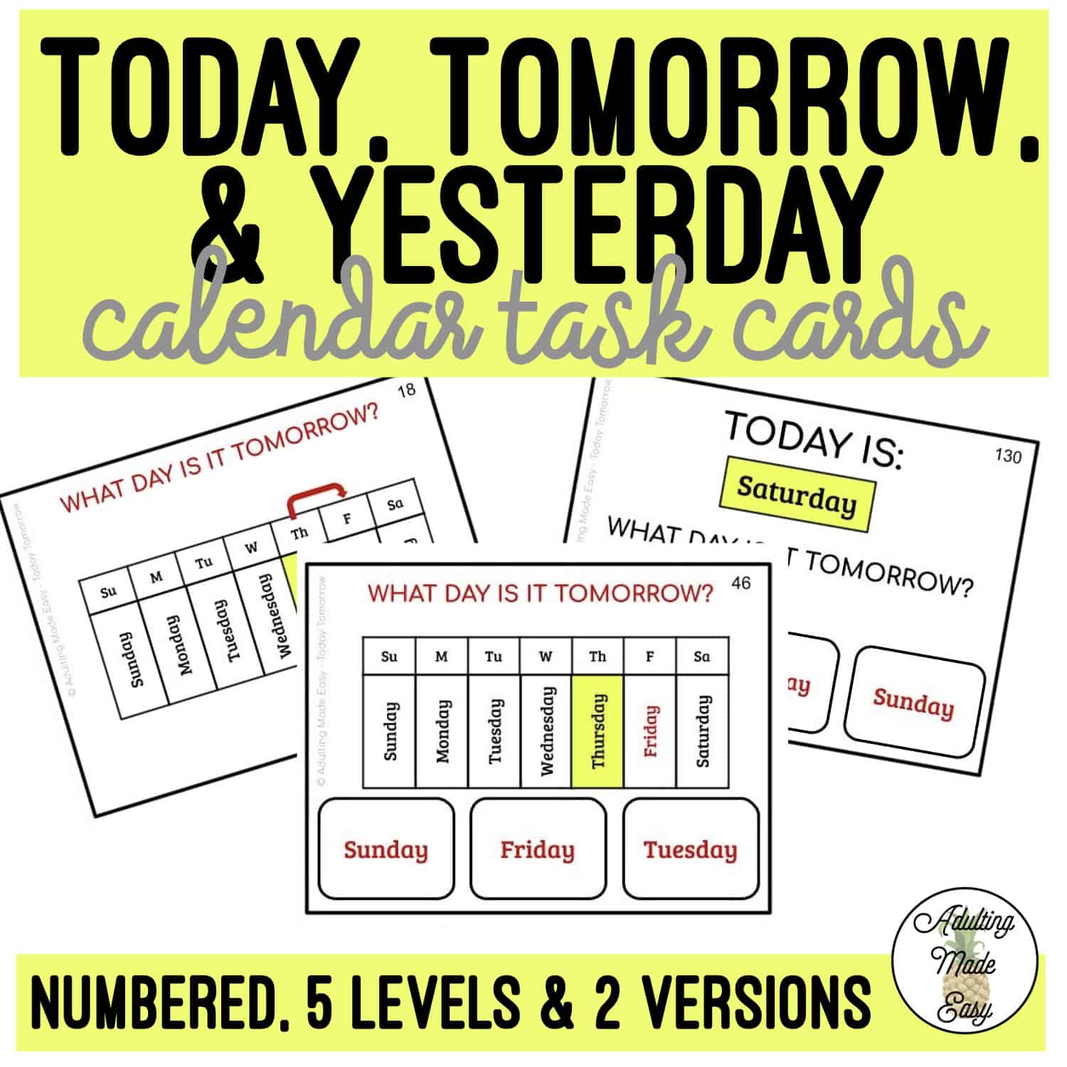 Today, Tomorrow, & Yesterday Calendar Task Cards