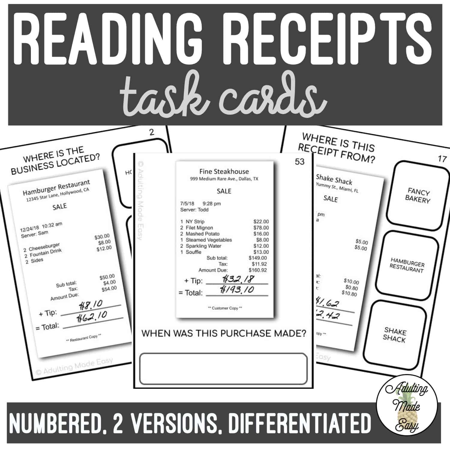 Reading Restaurant Receipts Task Cards