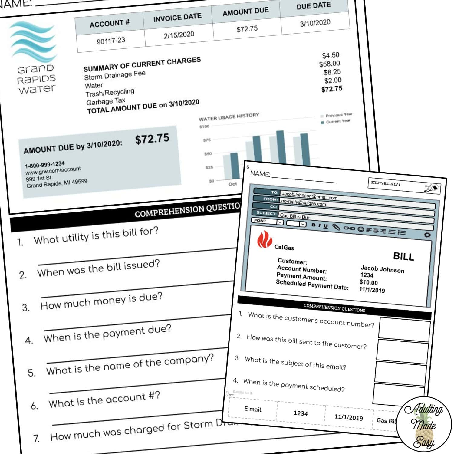 Reading Utility Bills Worksheets