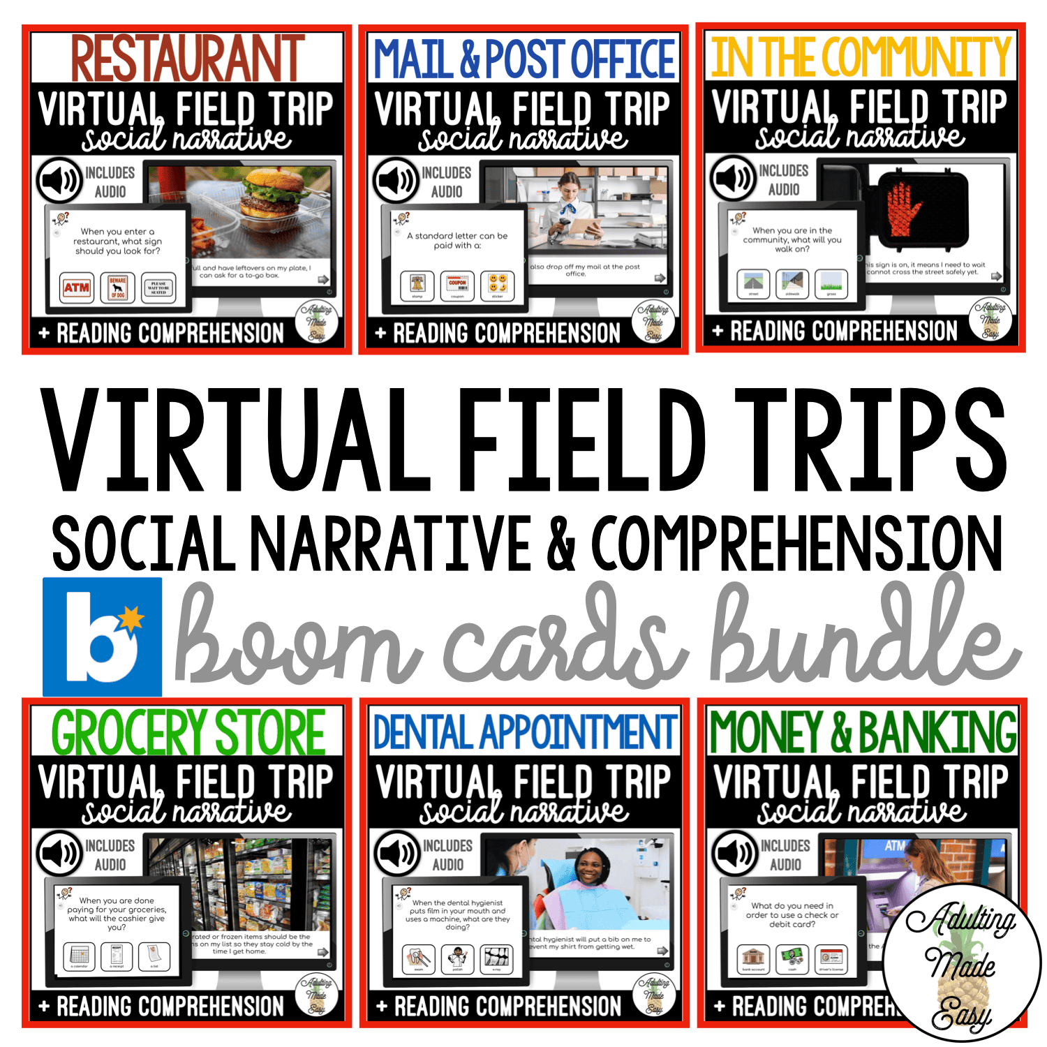 Virtual Field Trip Social Narrative & Comprehension BOOM CARDS BUNDLE SS