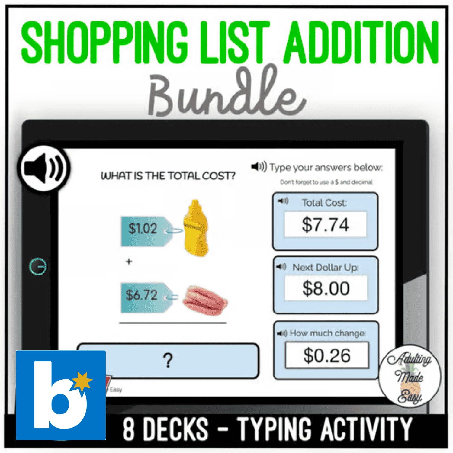 Shopping List Addition Typing Boom Cards Bundle