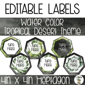 EDITABLE Heptagon Labels - Watercolor Tropical Desert Theme