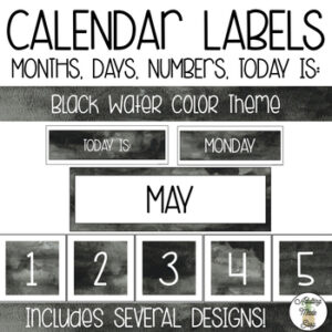 Pocket Chart Calendar Labels - Black Watercolor Theme