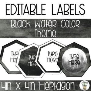 EDITABLE Heptagon Labels - Black Watercolor Theme