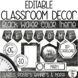 EDITABLE Black Watercolor Classroom Theme BUNDLE
