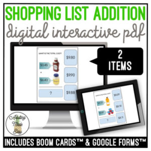 Shopping List Addition (2 numbers) Digital Task Cards