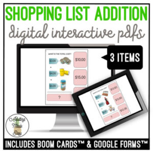 Shopping List Addition (3 numbers) Digital Task Cards