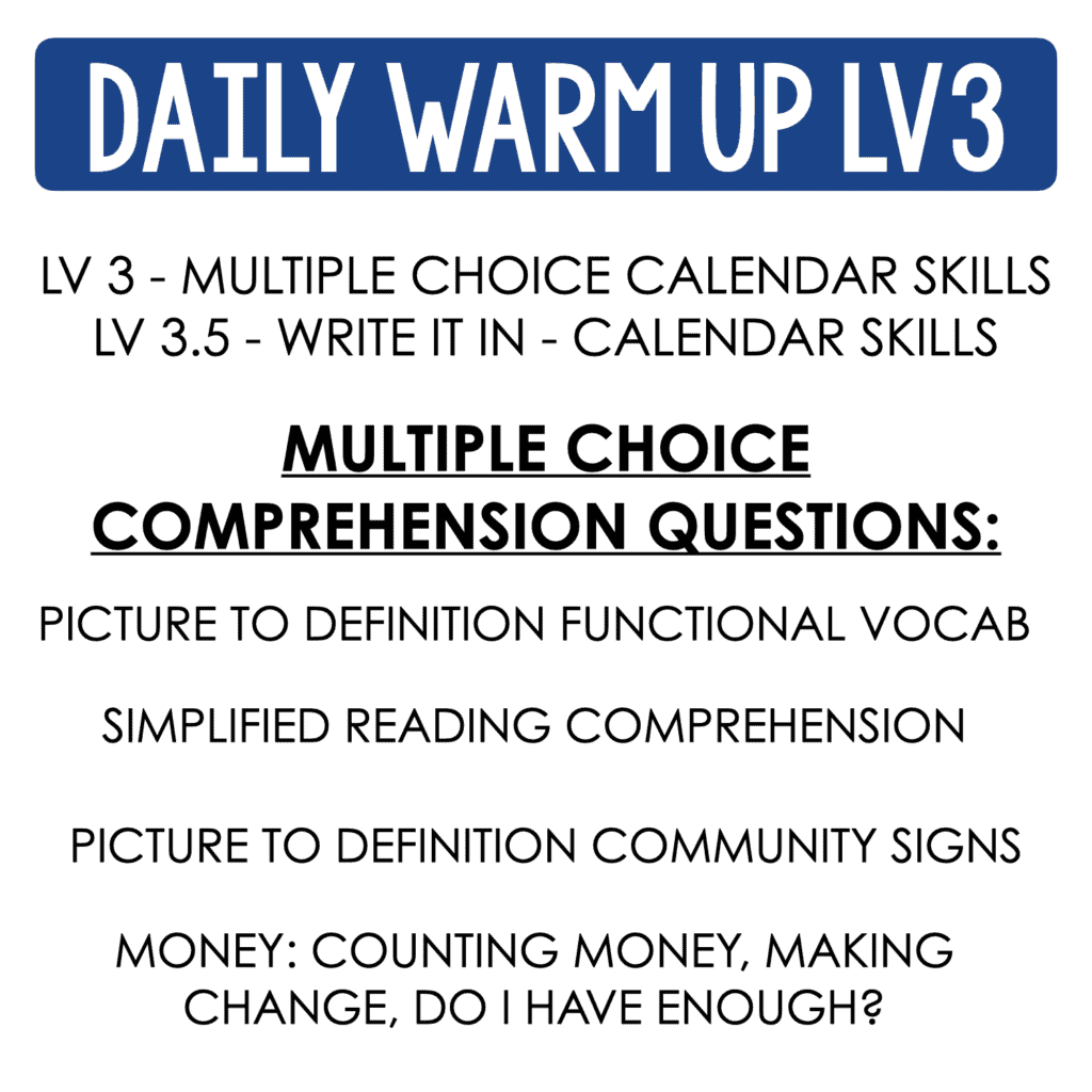 Life Skills Daily Warm Up Worksheets FREEBIE