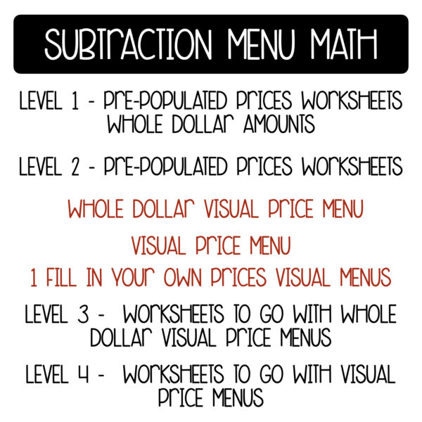 Bakery Menu Math Making Change Subtraction Worksheets