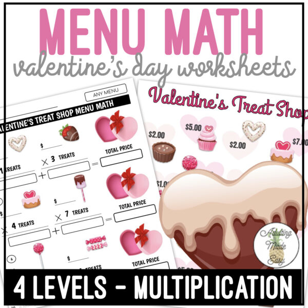 Valentine's Treat Shop Menu Math Multiplication Worksheets