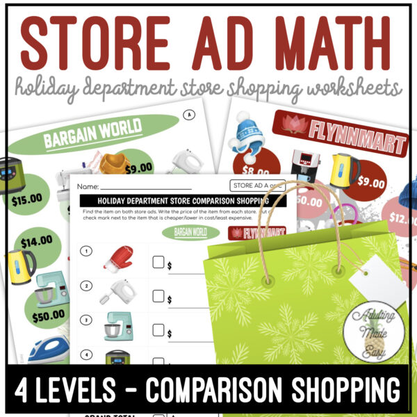 Holiday Department Store Ad Math Comparison Shopping Worksheets